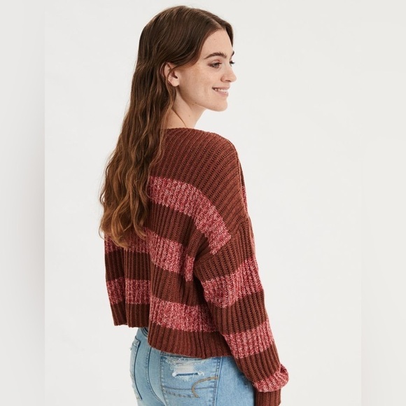 American Eagle Striped Henley Cropped Sweater - Picture 1 of 10